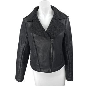 Jack BB Dakota Black Faux Leather Vegan Sherpa Fleece Zip Up Moto Biker Jacket S